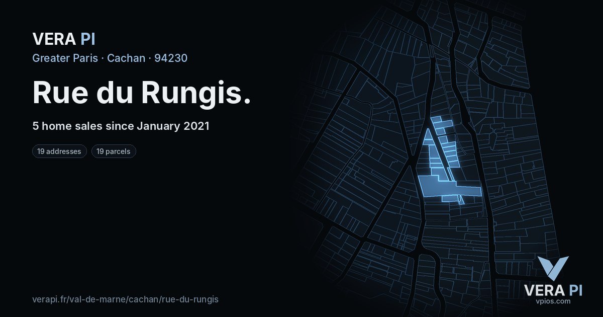 Rue du Rungis, Cachan at night – every parcel coloured by the prices around it, the street's own parcels lit
