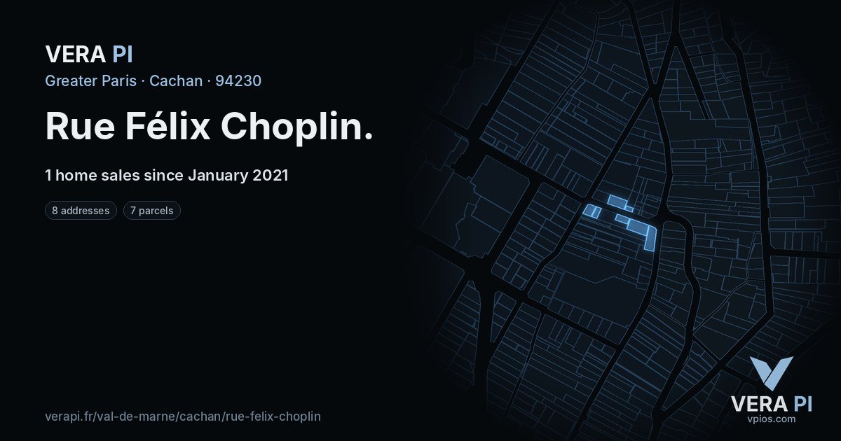 Rue Félix Choplin, Cachan at night – every parcel coloured by the prices around it, the street's own parcels lit