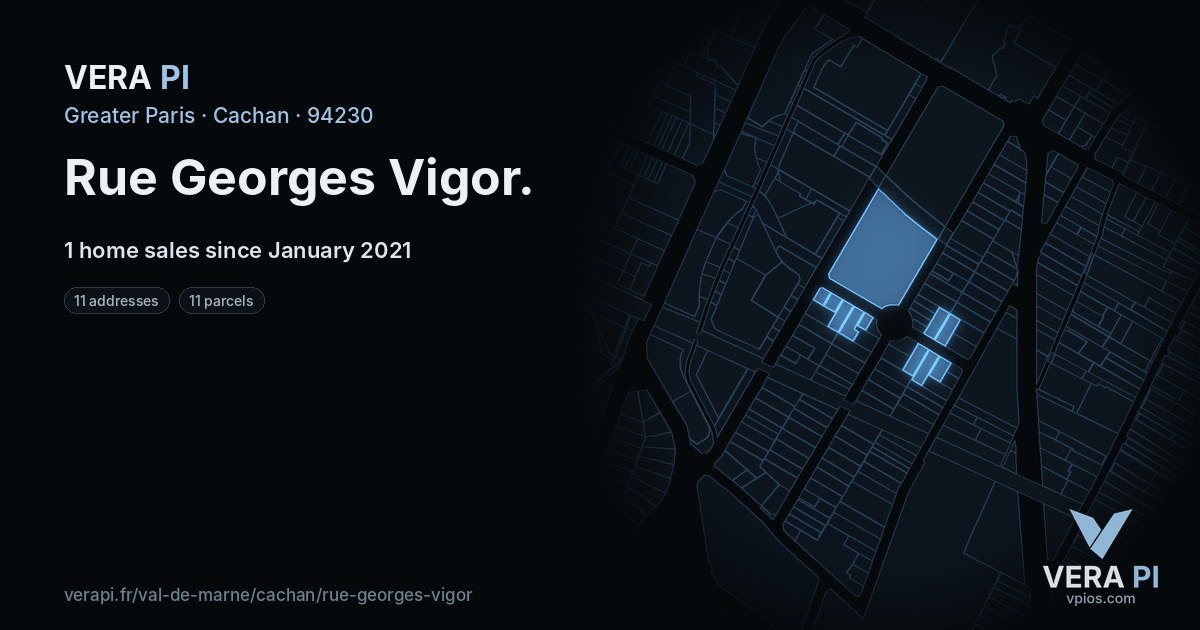 Rue Georges Vigor, Cachan at night – every parcel coloured by the prices around it, the street's own parcels lit