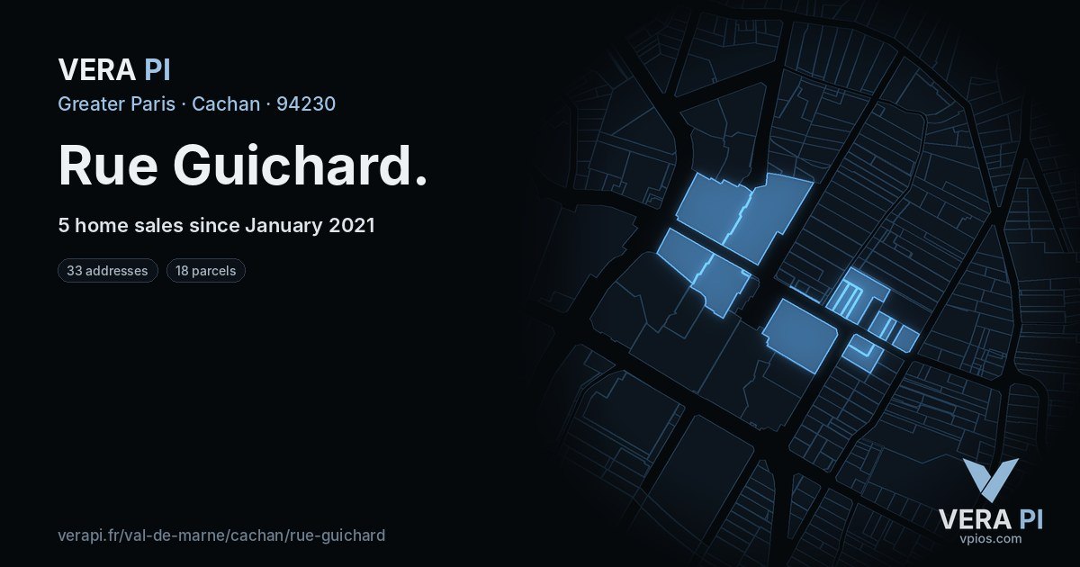 Rue Guichard, Cachan at night – every parcel coloured by the prices around it, the street's own parcels lit
