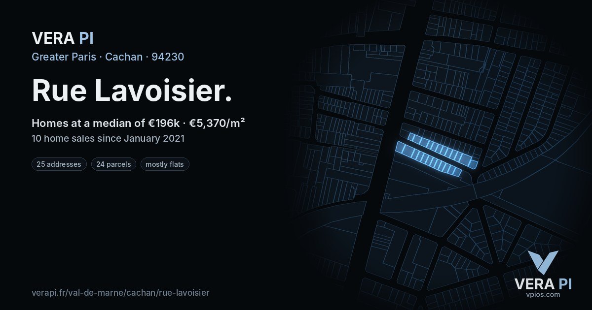 Rue Lavoisier, Cachan at night – every parcel coloured by the prices around it, the street's own parcels lit