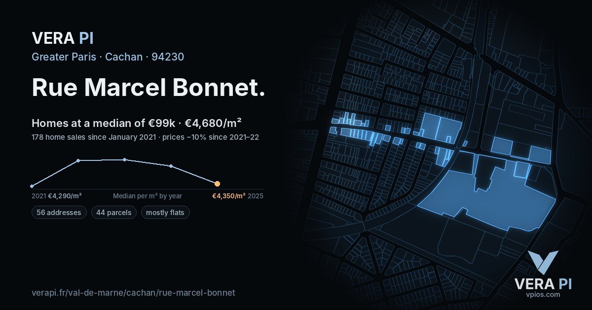 Rue Marcel Bonnet, Cachan at night – every parcel coloured by the prices around it, the street's own parcels lit