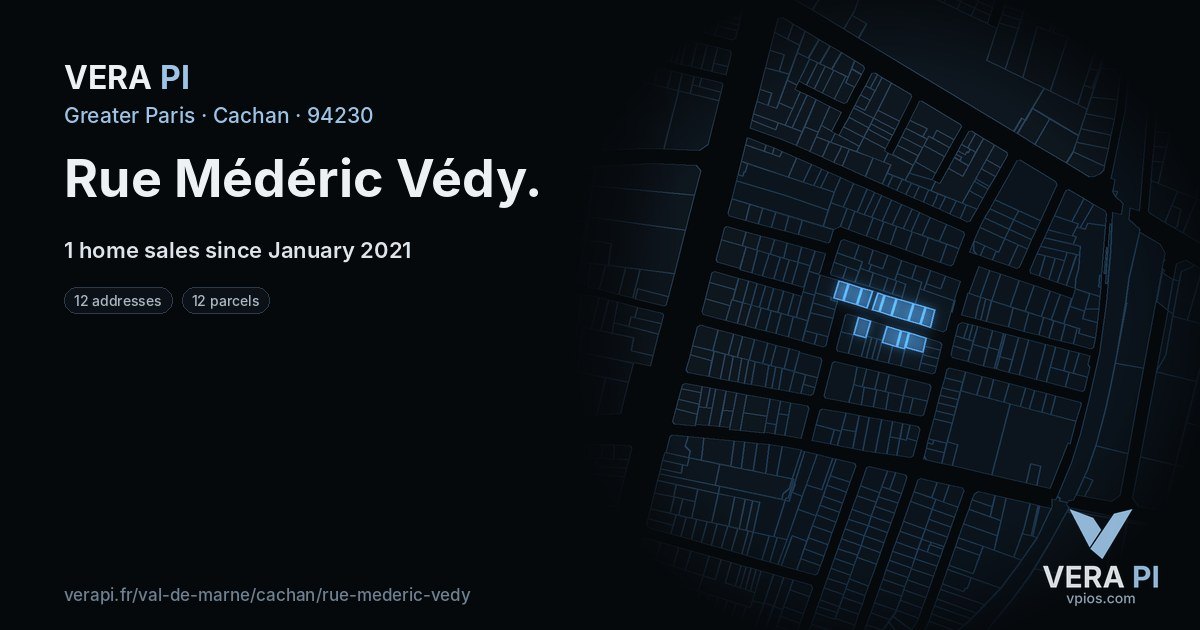 Rue Médéric Védy, Cachan at night – every parcel coloured by the prices around it, the street's own parcels lit