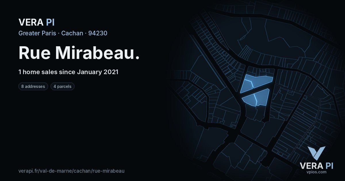 Rue Mirabeau, Cachan at night – every parcel coloured by the prices around it, the street's own parcels lit