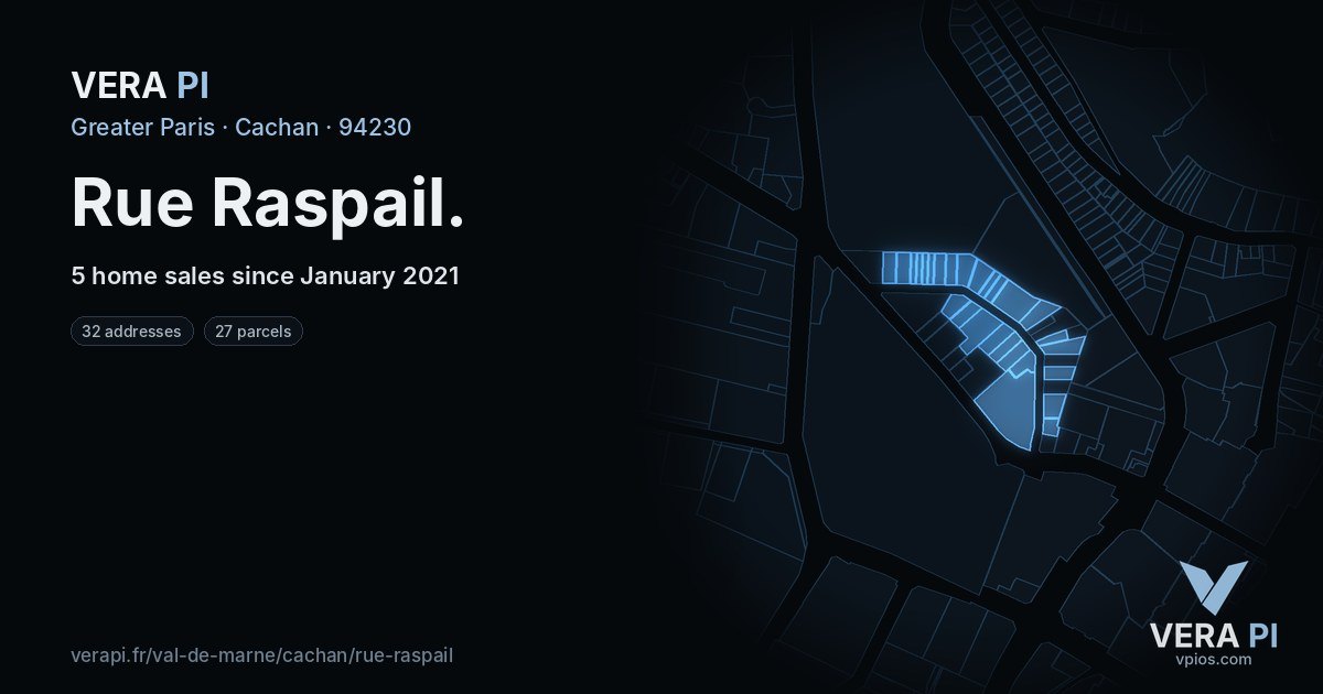 Rue Raspail, Cachan at night – every parcel coloured by the prices around it, the street's own parcels lit