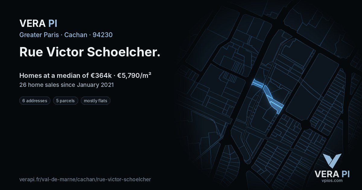 Rue Victor Schoelcher, Cachan at night – every parcel coloured by the prices around it, the street's own parcels lit