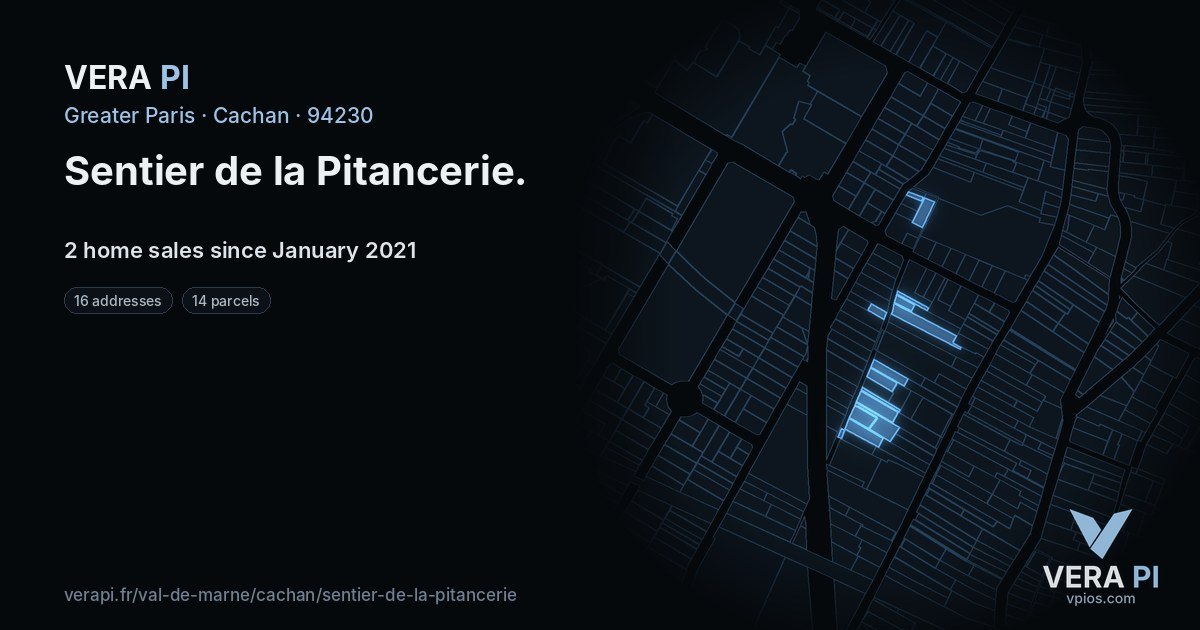 Sentier de la Pitancerie, Cachan at night – every parcel coloured by the prices around it, the street's own parcels lit