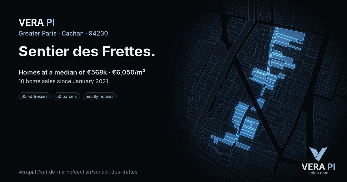 Sentier des Frettes, Cachan at night – every parcel coloured by the prices around it, the street's own parcels lit
