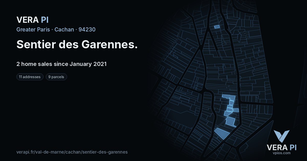 Sentier des Garennes, Cachan at night – every parcel coloured by the prices around it, the street's own parcels lit