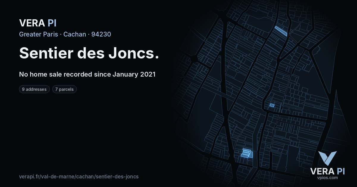Sentier des Joncs, Cachan at night – every parcel coloured by the prices around it, the street's own parcels lit