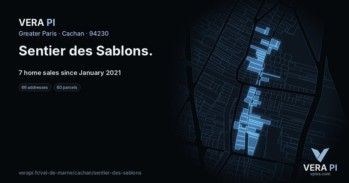 Sentier des Sablons, Cachan at night – every parcel coloured by the prices around it, the street's own parcels lit