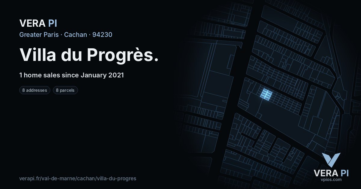 Villa du Progrès, Cachan at night – every parcel coloured by the prices around it, the street's own parcels lit
