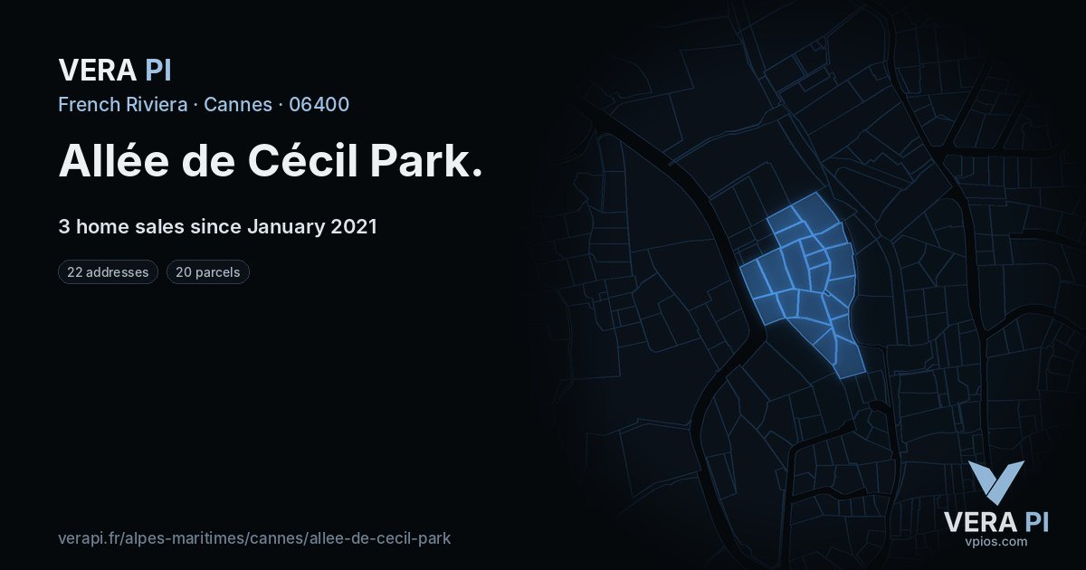 Allée de Cécil Park, Cannes at night – every parcel coloured by the prices around it, the street's own parcels lit
