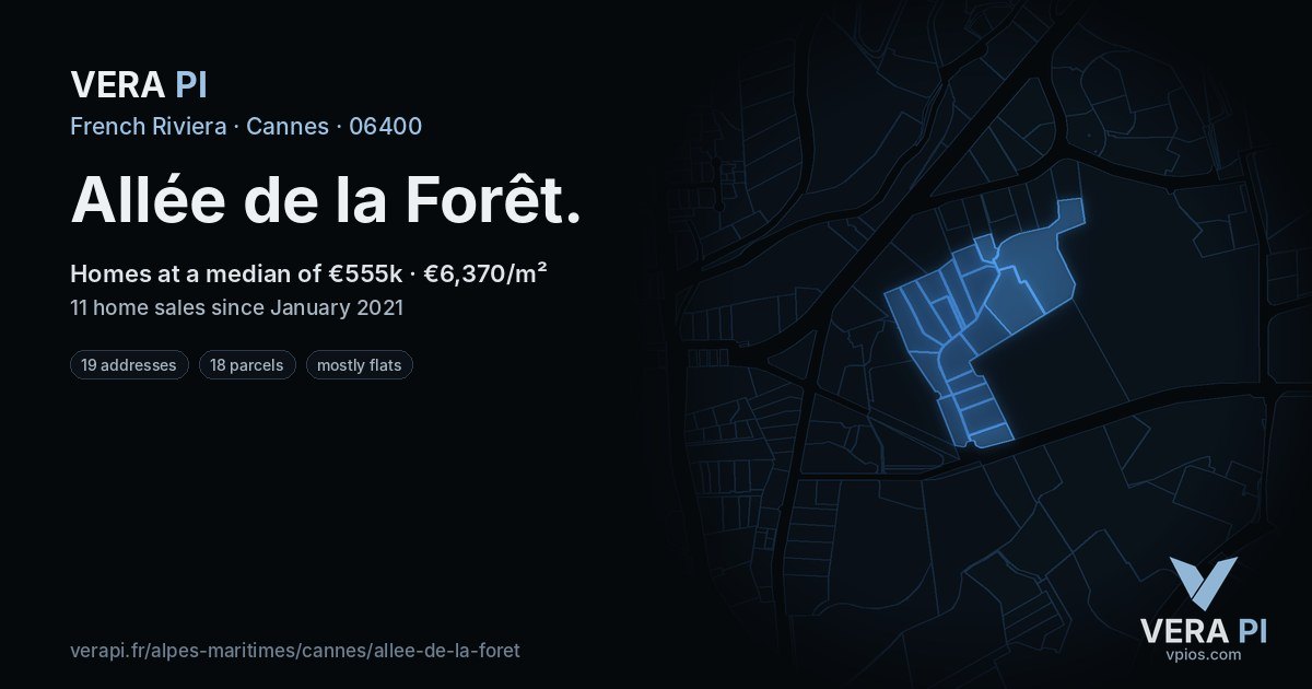 Allée de la Forêt, Cannes at night – every parcel coloured by the prices around it, the street's own parcels lit