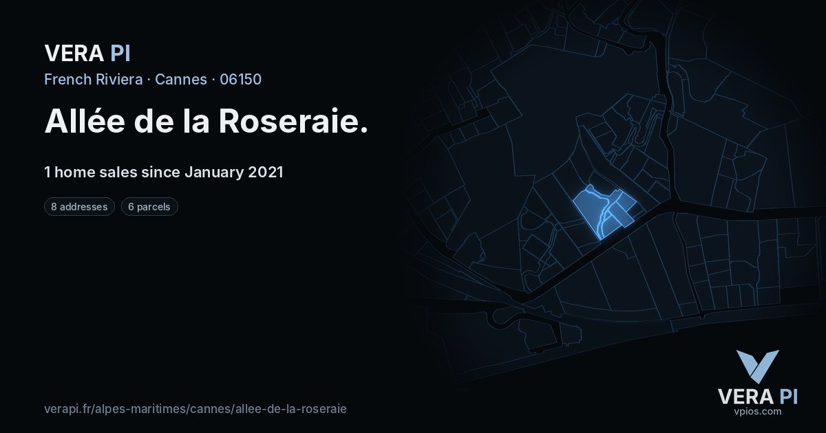 Allée de la Roseraie, Cannes at night – every parcel coloured by the prices around it, the street's own parcels lit
