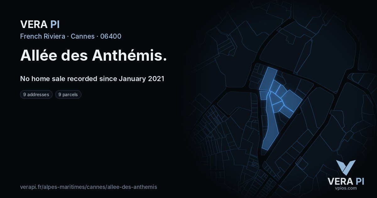 Allée des Anthémis, Cannes at night – every parcel coloured by the prices around it, the street's own parcels lit