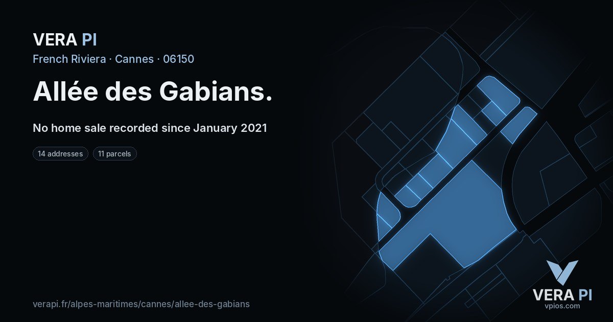 Allée des Gabians, Cannes at night – every parcel coloured by the prices around it, the street's own parcels lit