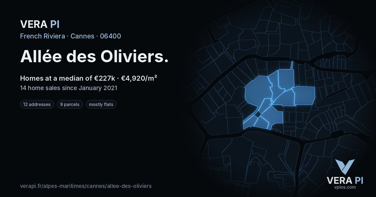 Allée des Oliviers, Cannes at night – every parcel coloured by the prices around it, the street's own parcels lit