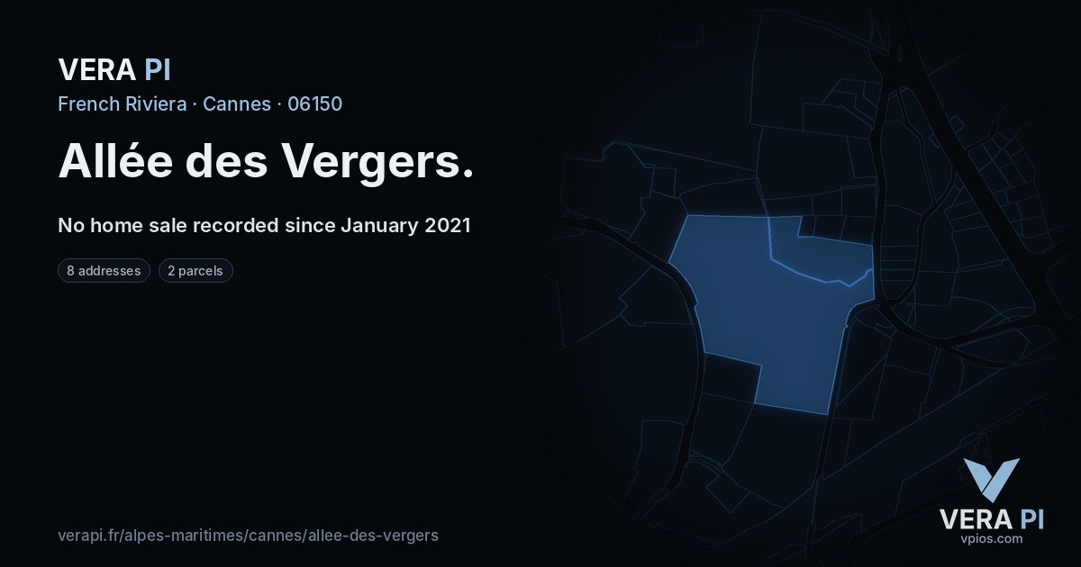 Allée des Vergers, Cannes at night – every parcel coloured by the prices around it, the street's own parcels lit