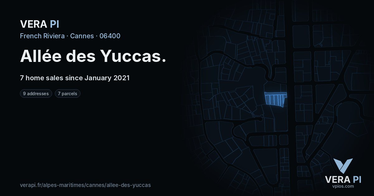 Allée des Yuccas, Cannes at night – every parcel coloured by the prices around it, the street's own parcels lit