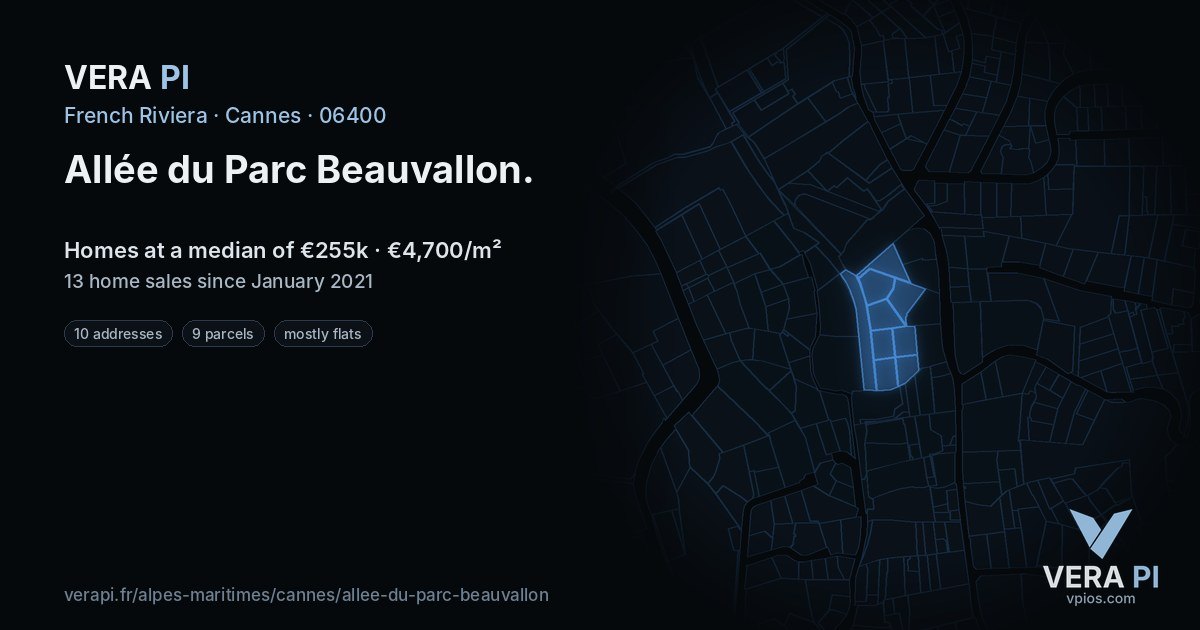 Allée du Parc Beauvallon, Cannes at night – every parcel coloured by the prices around it, the street's own parcels lit