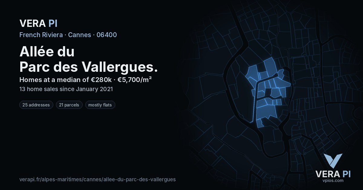 Allée du Parc des Vallergues, Cannes at night – every parcel coloured by the prices around it, the street's own parcels lit