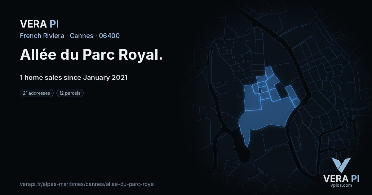 Allée du Parc Royal, Cannes at night – every parcel coloured by the prices around it, the street's own parcels lit