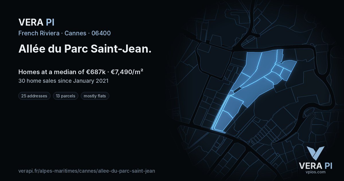Allée du Parc Saint-Jean, Cannes at night – every parcel coloured by the prices around it, the street's own parcels lit