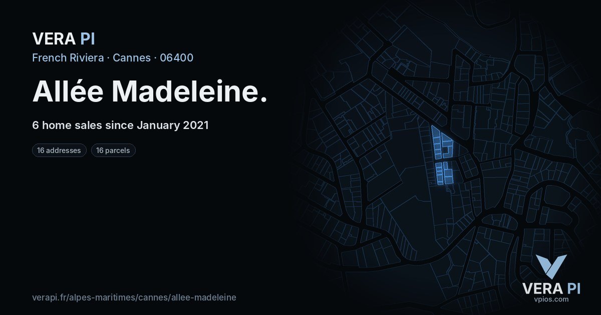 Allée Madeleine, Cannes at night – every parcel coloured by the prices around it, the street's own parcels lit