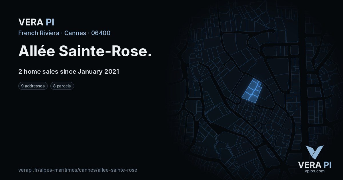 Allée Sainte-Rose, Cannes at night – every parcel coloured by the prices around it, the street's own parcels lit