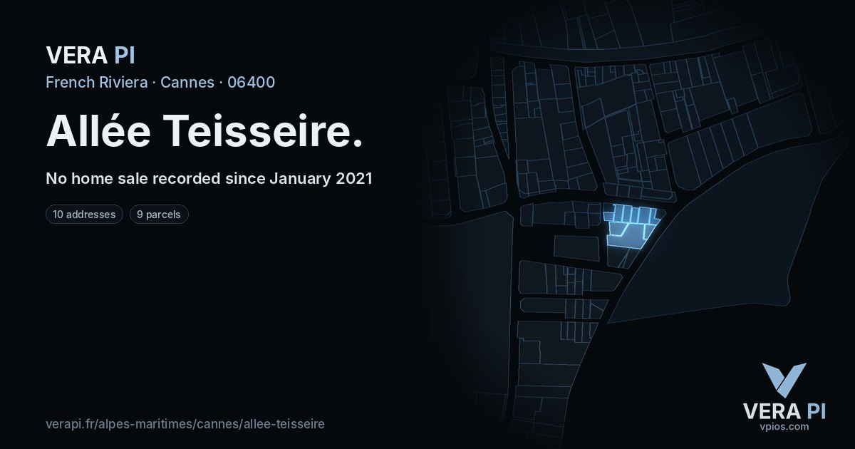 Allée Teisseire, Cannes at night – every parcel coloured by the prices around it, the street's own parcels lit