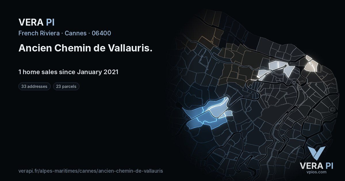 Ancien Chemin de Vallauris, Cannes at night – every parcel coloured by the prices around it, the street's own parcels lit