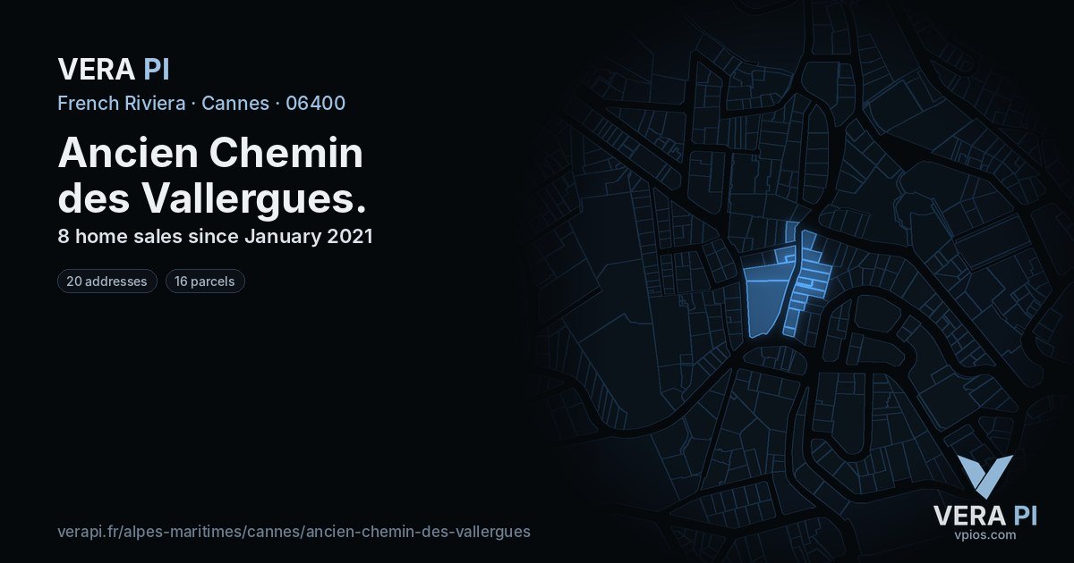 Ancien Chemin des Vallergues, Cannes at night – every parcel coloured by the prices around it, the street's own parcels lit