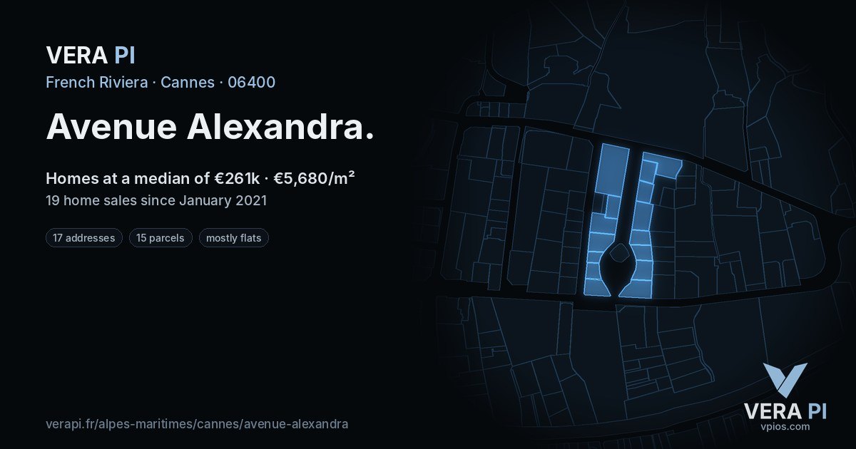 Avenue Alexandra, Cannes at night – every parcel coloured by the prices around it, the street's own parcels lit