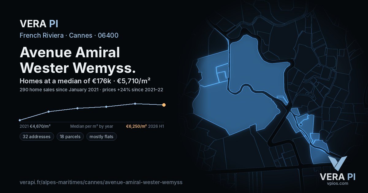 Avenue Amiral Wester Wemyss, Cannes at night – every parcel coloured by the prices around it, the street's own parcels lit