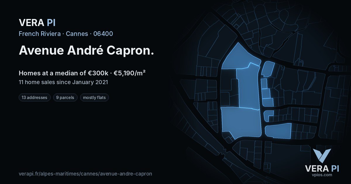 Avenue André Capron, Cannes at night – every parcel coloured by the prices around it, the street's own parcels lit
