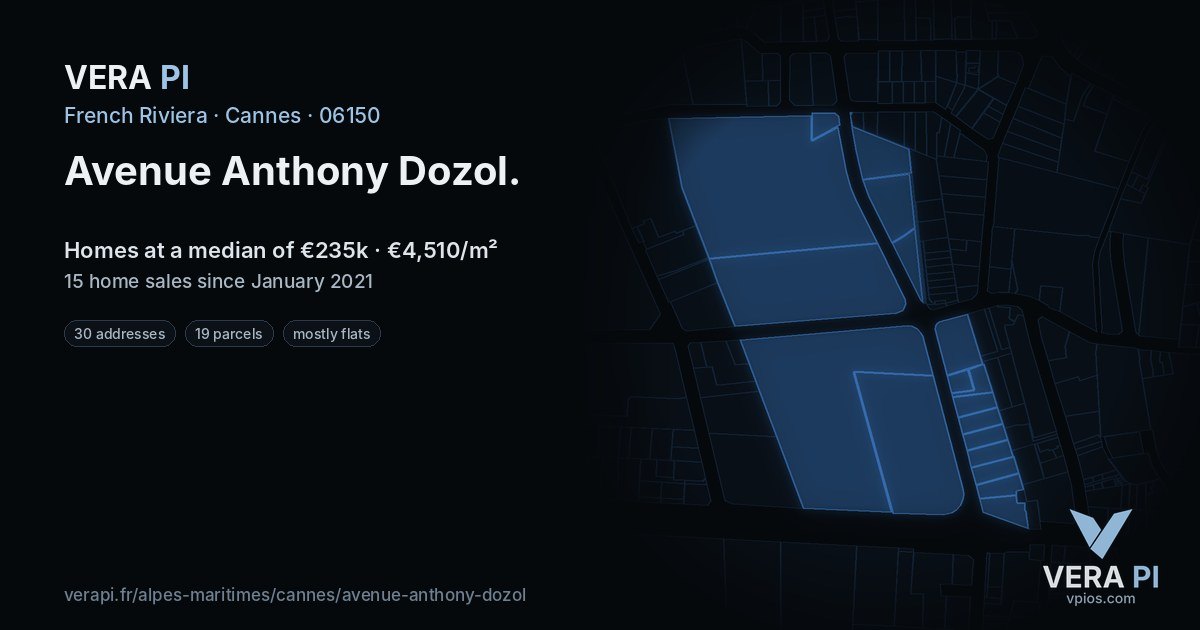 Avenue Anthony Dozol, Cannes at night – every parcel coloured by the prices around it, the street's own parcels lit