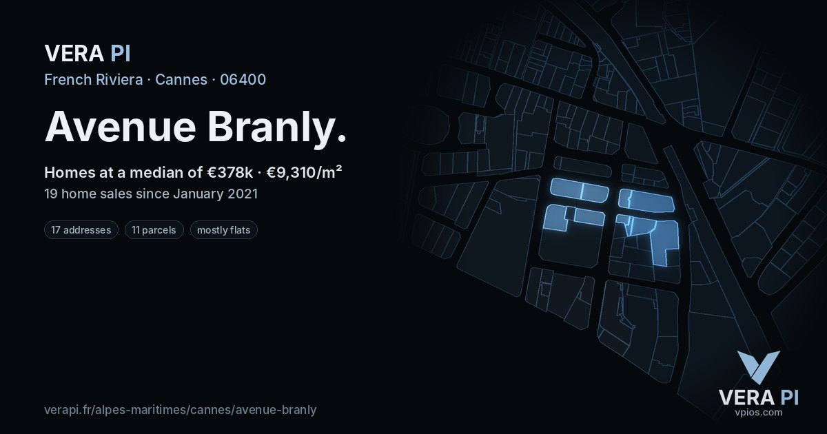 Avenue Branly, Cannes at night – every parcel coloured by the prices around it, the street's own parcels lit