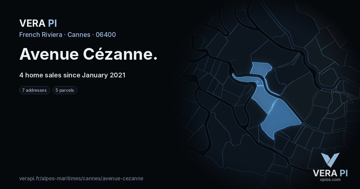 Avenue Cézanne, Cannes at night – every parcel coloured by the prices around it, the street's own parcels lit