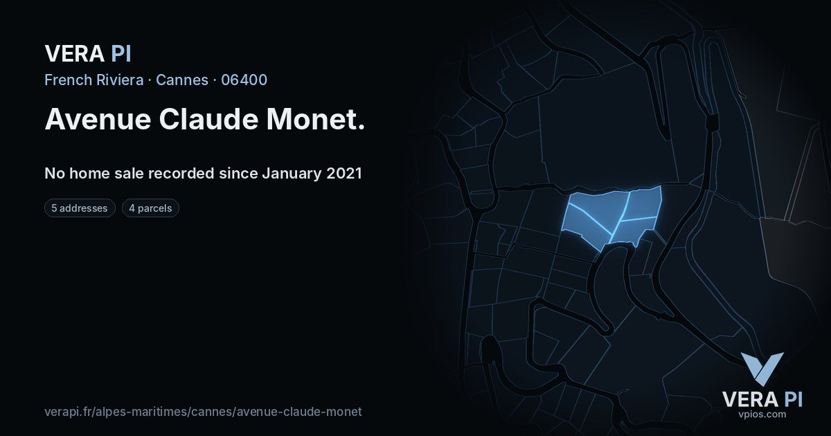 Avenue Claude Monet, Cannes at night – every parcel coloured by the prices around it, the street's own parcels lit
