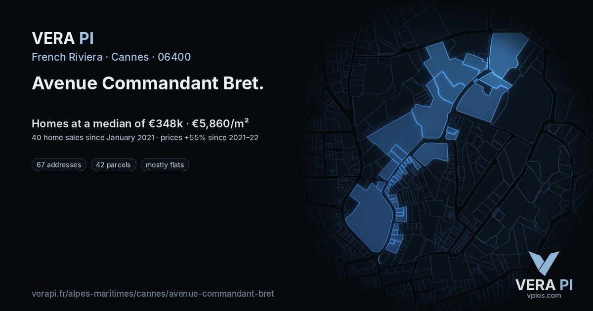 Avenue Commandant Bret, Cannes at night – every parcel coloured by the prices around it, the street's own parcels lit