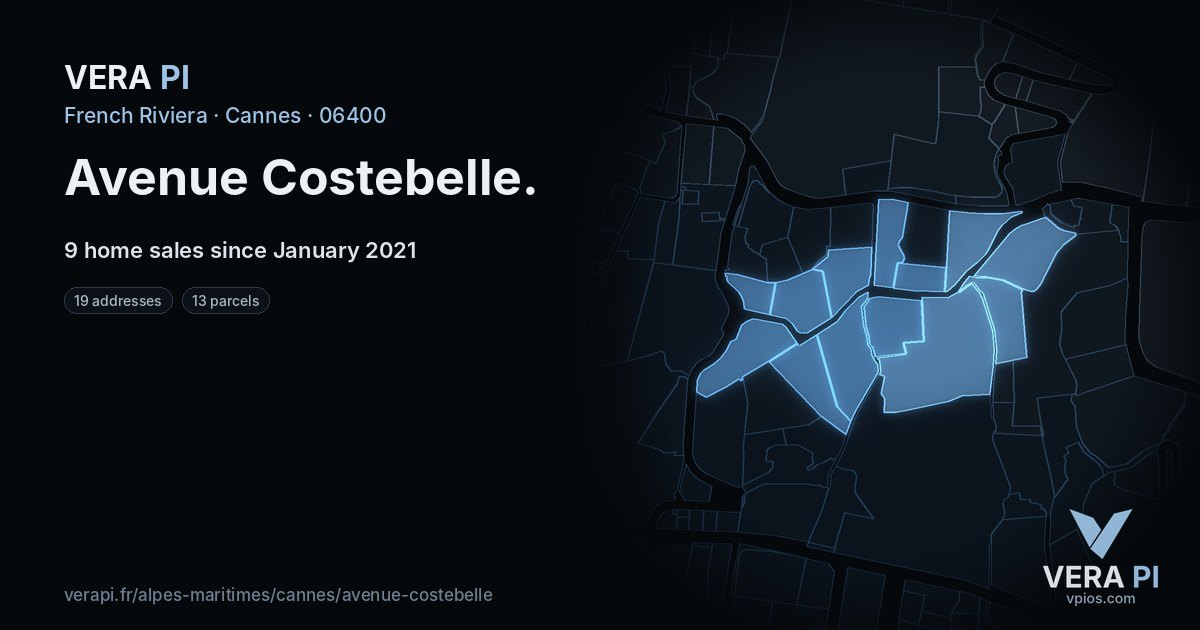 Avenue Costebelle, Cannes at night – every parcel coloured by the prices around it, the street's own parcels lit