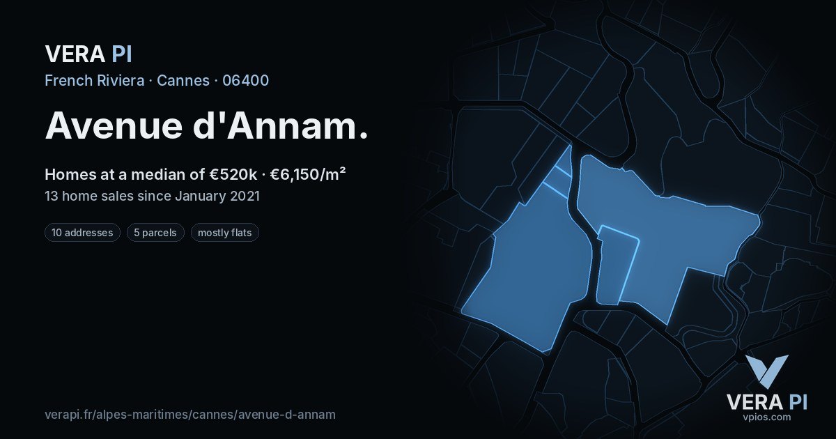 Avenue d'Annam, Cannes at night – every parcel coloured by the prices around it, the street's own parcels lit