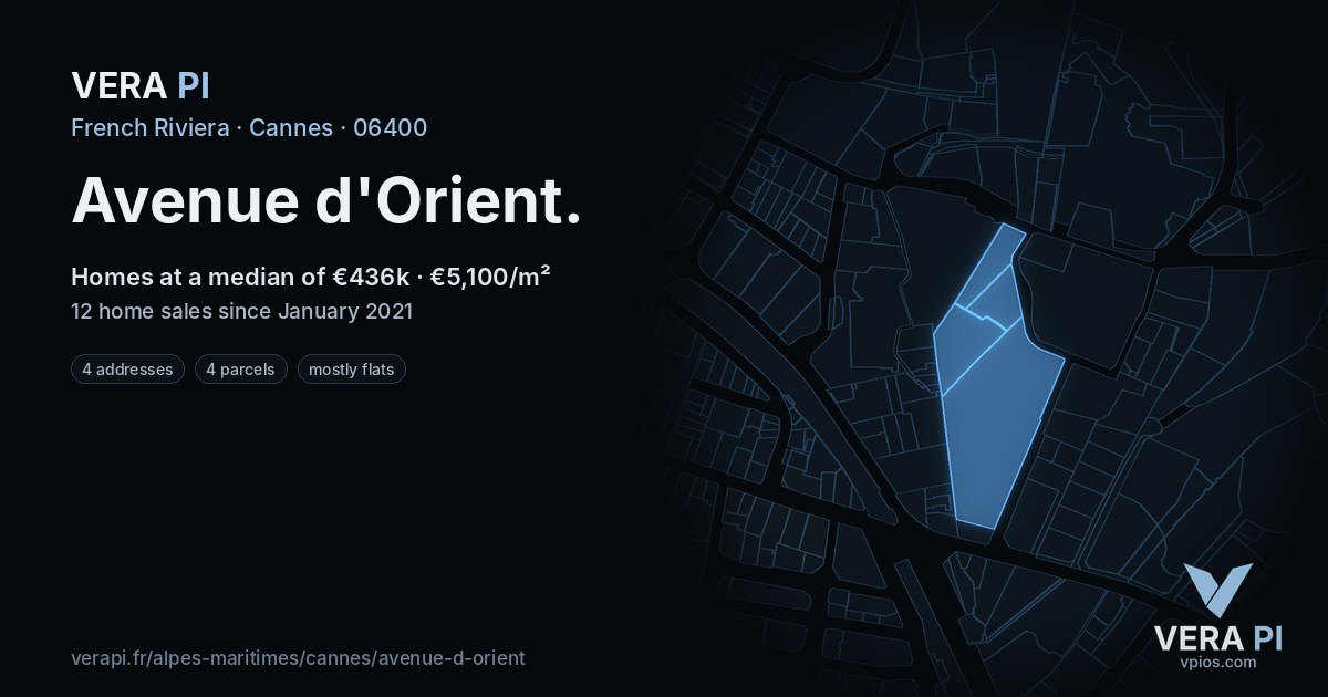 Avenue d'Orient, Cannes at night – every parcel coloured by the prices around it, the street's own parcels lit