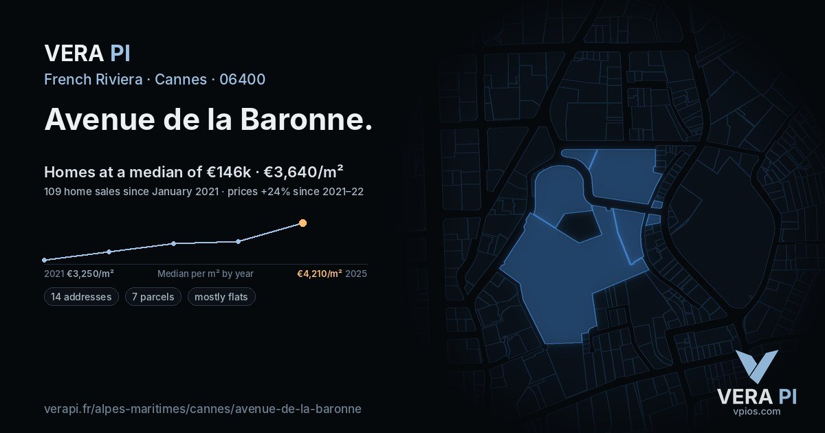 Avenue de la Baronne, Cannes at night – every parcel coloured by the prices around it, the street's own parcels lit