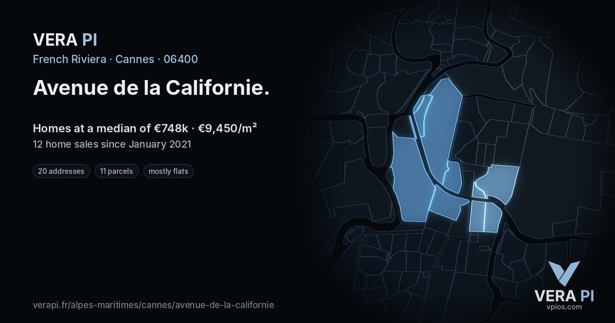 Avenue de la Californie, Cannes at night – every parcel coloured by the prices around it, the street's own parcels lit