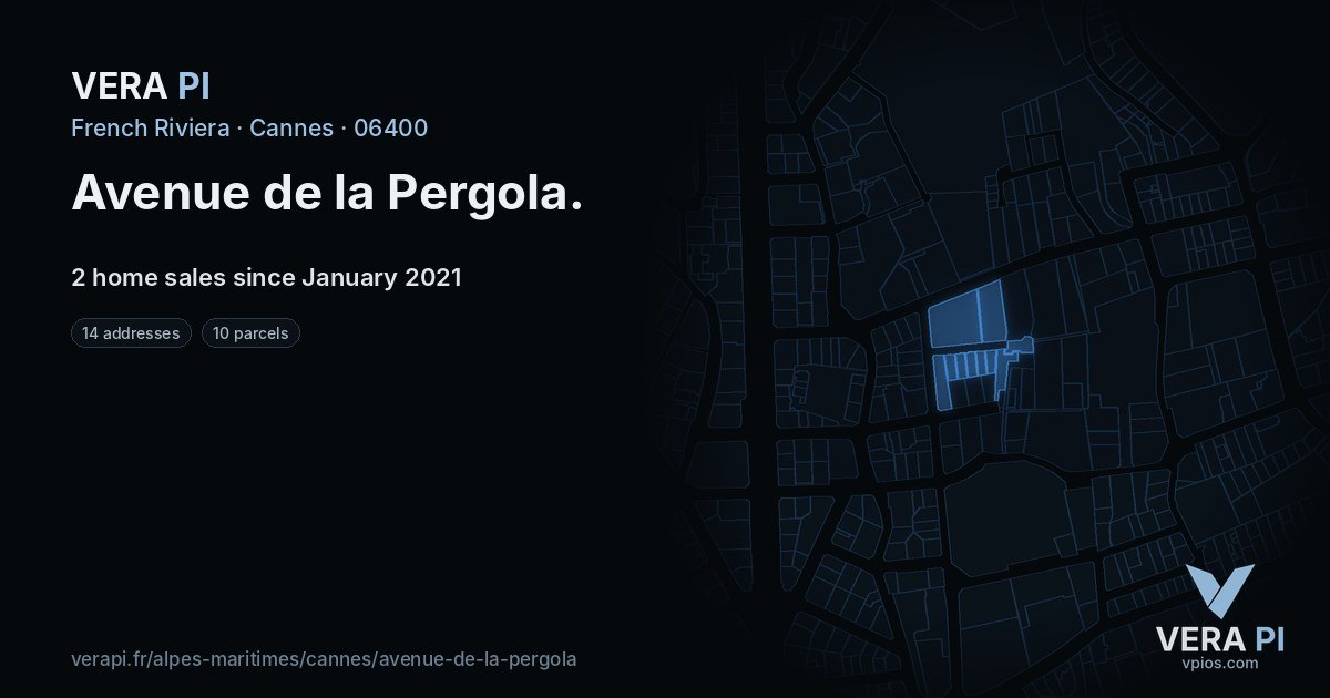 Avenue de la Pergola, Cannes at night – every parcel coloured by the prices around it, the street's own parcels lit