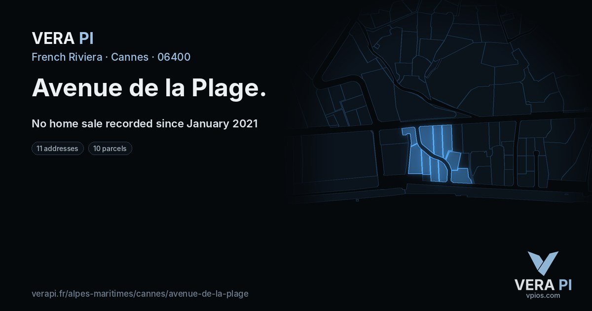 Avenue de la Plage, Cannes at night – every parcel coloured by the prices around it, the street's own parcels lit
