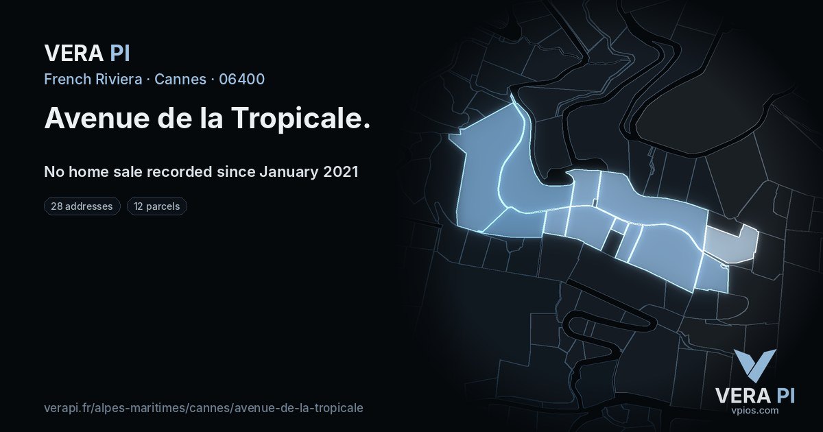 Avenue de la Tropicale, Cannes at night – every parcel coloured by the prices around it, the street's own parcels lit