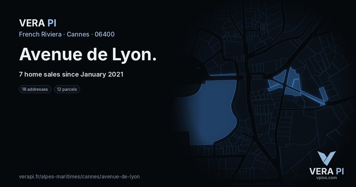 Avenue de Lyon, Cannes at night – every parcel coloured by the prices around it, the street's own parcels lit